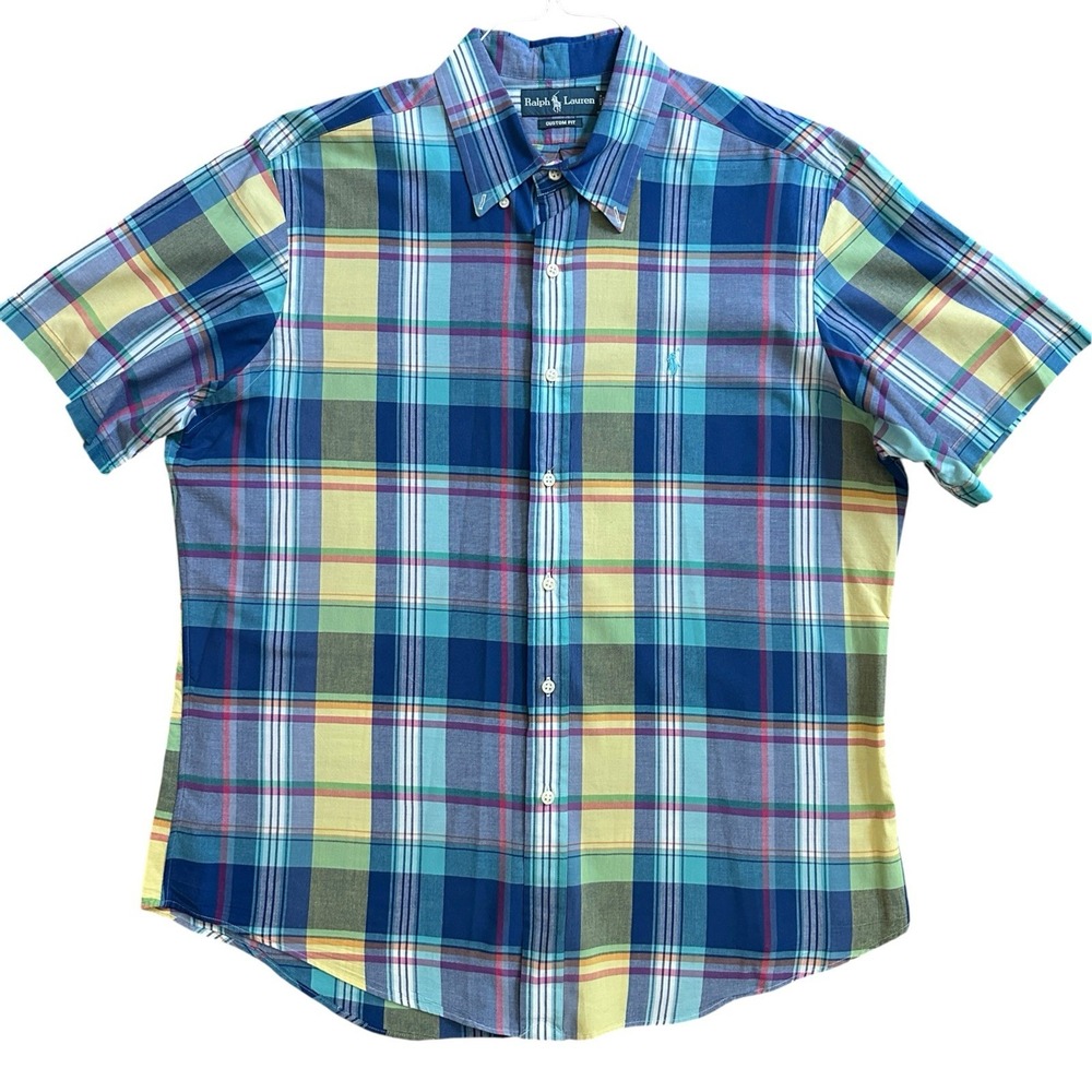 Polo Ralph Lauren Shirt Custom Fit Mens XL Blue Plaid Tartan Short Sleeve Cotton